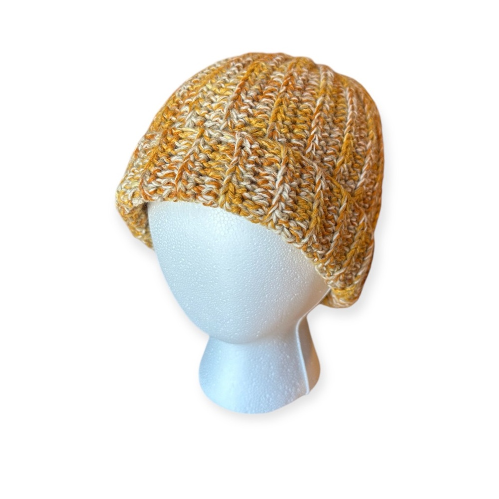 New Handmade Crochet Beanie Fold over Hat Winter Orange Yellow Off White Speckle